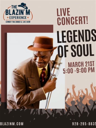 Get ready for a night of pure magic as the Blazin' M Ranch Signature Series presents: Legends Of Soul! 🎤✨ ​On March 21st, we’re bringing the heart and soul of Detroit, Muscle Shoals, and Memphis right here to the ranch. Experience a premier tribute to the icons who defined a generation—from the smooth hits of Marvin Gaye and Stevie Wonder to the powerhouse vocals of Aretha Franklin, James Brown, and The Supremes. ​Hailing from Phoenix, this incredible show features the world-class vocal talents