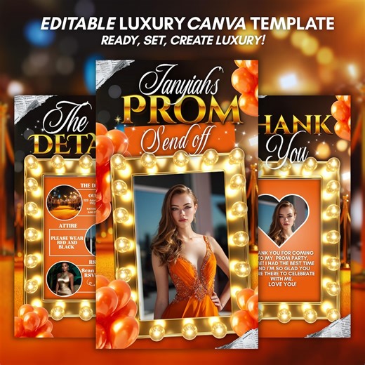 Prom Invitation and Itinerary Luxury Bundle, Orange Diamond Girl Prom Queen Party, Editable Canva Template, Glam Prom Night - Etsy Australia