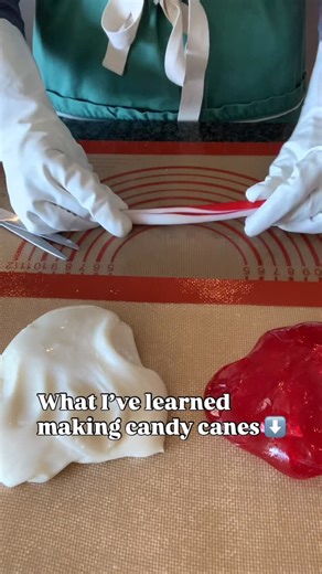 Kim Gladwin | Candy Maker | Handmade Sweets on Instagram: "As a self taught candy maker figuring it all out at home, I’ve learned a few things making candy canes: 🥵Jalapeño flavouring is not for everyone. 🤩Make them bright. No one wants a drab cane. 🤓Use a scale. 🤬They will hold up better than you think and then one random movement and they will, in fact, break. I learned some other things teaching myself along the way, like how to manage humidity, crystallization and all of that sugar nonse