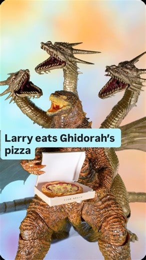 Larryzilla on Instagram: "Larry eats Ghidorah’s pizza. #godzilla #stopmotion #larry #ghidorah #pizza #hiya #hiyacreatorlab #monster #funny #skit"