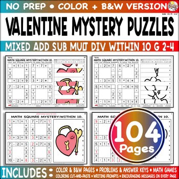 Valentine Mixed Add Sub Mult Div within 10 Grade 2 3 4 Math Mystery Code Color