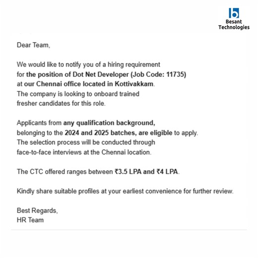 Besant Technologies | Dot Net Developer Job Openings in Chennai (Kottivakkam)! | Besant technologies's Tie up company Our tie-up company is hiring 2024 & 2025... | Instagram