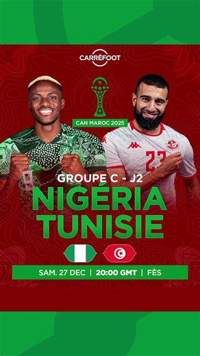 CAN 2025 : Nigéria – Tunisie Le Nigéria et la Tunisie se disputent la première place de la poule, synonyme d’un tableau plus favorable en huitièmes de finale. Solides lors de leur entrée en lice, les Aigles de Carthage semblent légèrement en confiance, mais devront se mesurer à des Super Eagles revanchards, toujours dangereux dans ce type de rendez-vous. Coup d'envoi : 20:00 GMT #Can2025 #Nigeria #Tunisie #Carréfoot
