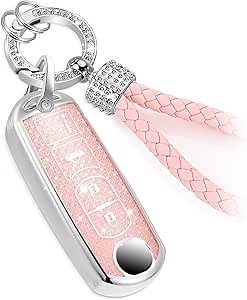 Mazda Key Fob Cover - Fashion Braided Keychain, Enchanting Diamond Patterns Soft Case for Mazda 3, 6, CX-3, CX-5, MX-5 Scion IA (4 Buttons) - Pink