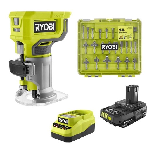 Check The Home Depot's Q&A Before Buying: RYOBI ONE+ 18V Cordless Compact Router Kit with 2.0 Ah Battery, Charger, and 24-Piece Router Bit Set
