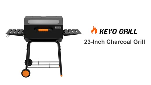 KEYO GRILL Charcoal Grill with Foldable Side Table,Glass Window ,Warm Rack for Backyard, Black