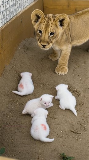 A Lion Cub Discovers Helpless Kittens in the Sand