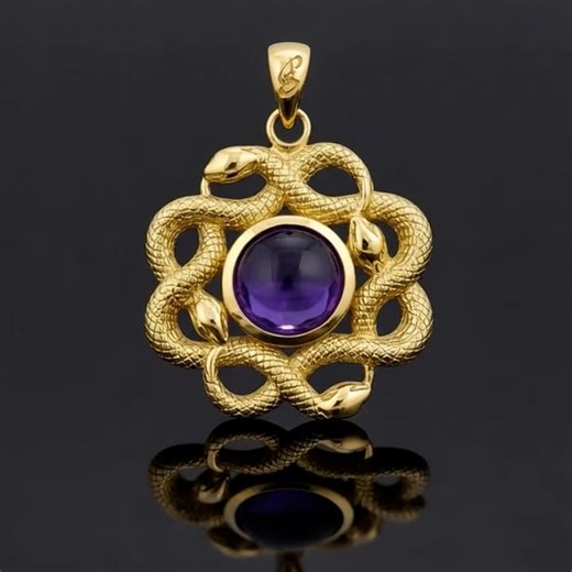 Ouroboros Snake with Celtic Knot Solid Gold Pendant with Gem