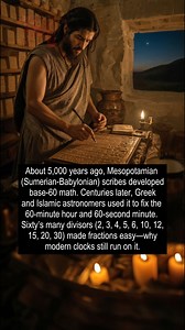 225K views · 6K reactions | About 5,000 years ago, Mesopotamian (Sumerian-Babylonian) scribes developed base-60 math. Centuries later, Greek and Islamic astronomers used it to fix the 60-minute hour and 60-second minute. Sixty’s many divisors (2, 3, 4, 5, 6, 10, 12, 15, 20, 30) made fractions easy—why modern clocks still run on it. | TerrifyingMyths | Facebook