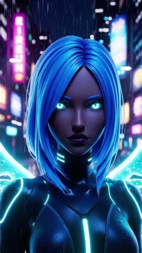 Cyberpunk Anime Girl with Blue Hair & Glowing Eyes – Rain Glow ✨