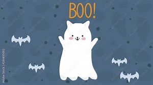Vector graphics. Flying halloween cat-ghost. Happy halloween concept. Hand written text. Flying bats. Dark background.
