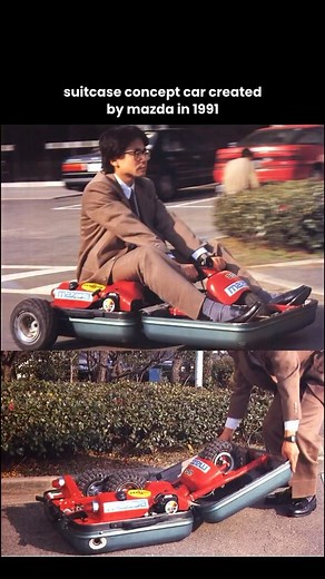 Yokogao on Instagram: "Mazda’s suitcase racer The Mazda suitcase car was a quirky concept vehicle built in 1991 by a team of Mazda engineers during an internal competition. The idea was to create an ultra-portable personal vehicle for last-mile transportation. When unfolded, the suitcase transformed into a fully functional 3-wheeler, capable of reaching around 30 km/h (19 mph). It was literally built into a modified Samsonite suitcase that concealed a tiny 2-stroke engine, handlebars, and three 