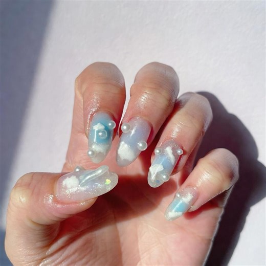 Blue Sky Cloud Press on Nails, Dreamy Aura Nails With Pearls, Long Almond Nails, Heavenly Blue Fake Nails, Handmade 3D Cloud Nails, Gift - Etsy