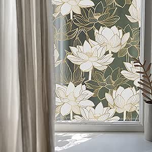 Golden Flower Privacy Window Film, Removable Static Cling Double-Sided Frosted Window Decal for Door Window Panes Glass Decor, 35.43 Inch Width, Lotus