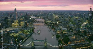 Aerial view of London famous landmarks.The city financial district with its modern skyscrapers. Famous bridges and buildings. Thames River. England. UK. Shot on Red Weapon 8K. Stock Video