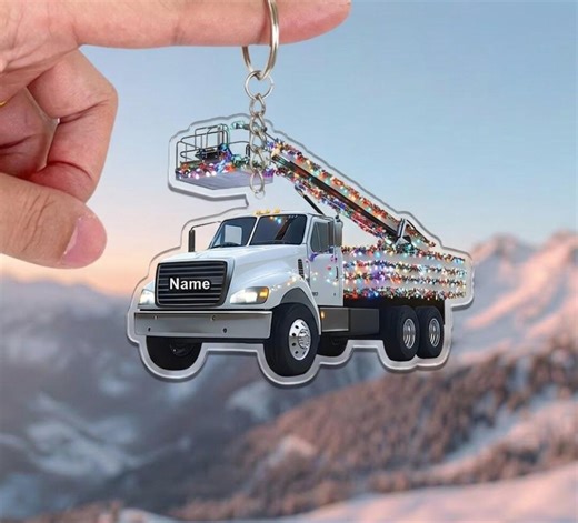 Personalized Bucket Truck Keychain - Custom Name Lineman Acrylic Charm - Utility Truck Keyring - Electrician Gift - Bucket Truck Accessory