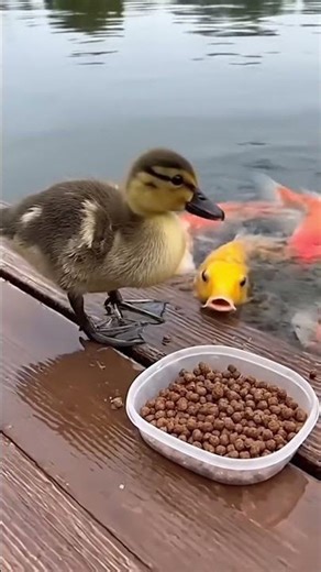 duck and fish feeding together 😄🍽️