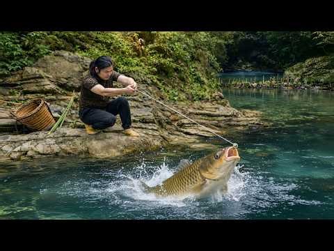 How to make simple fish traps - Set traps,catch huge carp in the stream, survive alone in the forest