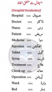 Essential Hospital Vocabulary: English to Urdu 🏥 Learn the most common hospital and medical terms in both English and Urdu! From "Patient" to "Operation," this quick guide covers the basics you need to know. Perfect for students and language learners. #LearnUrdu #HospitalVocabulary #EnglishToUrdu #MedicalTerms #UrduLearning #VocabularyBuilder | Knowledge Era
