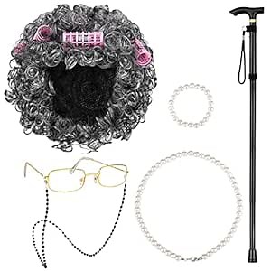 NOVIIML s Halloween Old Lady Wig Granny Cosplay Halloween Costume Set Curly Hair with Hair Rollers Glasses Cane Pearl Necklace Bracelet Cosplay Dress Up Party, Dark Gray