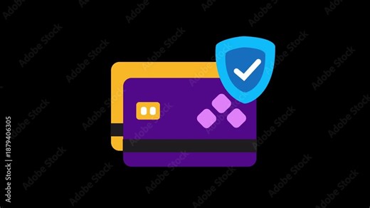 Animated Credit Card Icon with Secure Shield and Checkmark for Digital Payment Security and Fintech Concept in 4K Loop