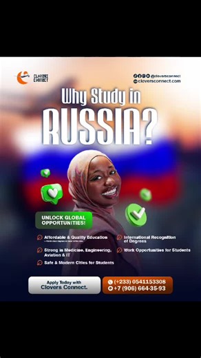 Ready to Start Your Russian Adventure? The journey to your future begins with a single step. Let Clovers Connect be your trusted guide! We simplify the entire process, from choosing the right university to visa support and settling in. 👉 Your Pathway to Russia Awaits! Apply Today! 🌐 Visit Our Website: www.cloversconnect.com 📍 We Are Here For You: · Ghana Office: Asante - Mampong, Accra · Russia Office: Oryol 💬 Have questions? Drop us a comment below or send us a direct message! Let’s build y