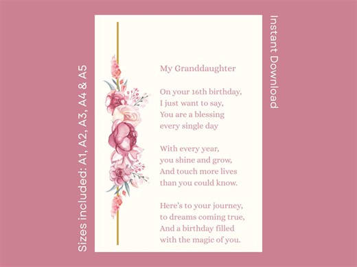 16th Birthday Poem for Granddaughter Printable Heartfelt Gift Instant Download - Etsy