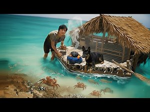 Trash Raft Survival with My Dog | Part 4: Net Repair, Crab Hunting & Coconut Seafood Cooking