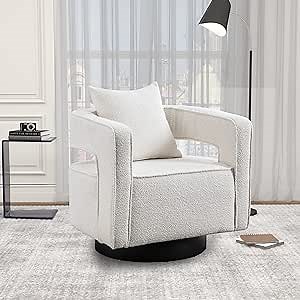 Swivel Barrel Chair | Modern Teddy Round Swivel Boucle Chairs with Pillow | 360 Degree Comfy Accent Open Back Chair Single Chair Armchair for Living Room Bedroom(Ivory)