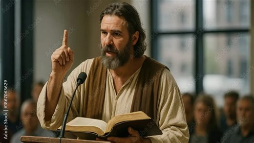 A man portraying Jesus Christ preaching a powerful sermon from the Bible. A passionate speaker teaches a congregation in a church. Christianity and faith concept