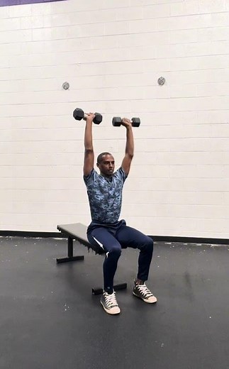 Seated Dumbbell Alternating Shoulder Presses keeping Arms Extended Above the Head #fitnesscoach