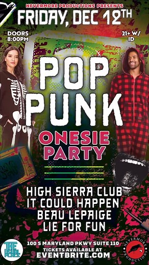 Wear a onesie. Scream the chorus. 落笠 POP PUNK ONESIE PARTY @theusualplacelv ft. @highsierraclub @itcouldhappenofficial @beaulepaige @lieforfunmusic #PopPunk #OnesieParty #DTLV #TheUsualPlace #VegasShows #LiveMusic @topfans | The Usual Place | Facebook