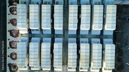 Top down aerial view of large scale data center, ATOS quantum AI computing, cloud storage and technology campus, cooling fans and turbines near Birmingham, United Kingdom