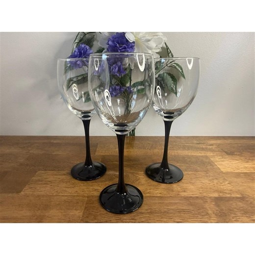 Luminarc France Black Stem Wine Glasses Set Clear Bowl Vintage French Barware - Etsy