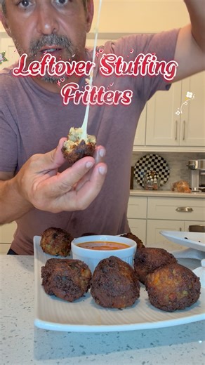 LEFTOVER STUFFING FRITTERS (WITH MELTY MOZZARELLA!) If you’ve got leftover stuffing, stop everything. Roll it into balls, hide a cube of mozzarella in the middle, and fry them until crispy. These are the ultimate Thanksgiving-after snack. Recipe Ingredients: • Leftover stuffing • Low-moisture mozzarella, cut into ½-inch cubes • Oil for frying or air-frying How to Make: Cut your mozzarella into small cubes and keep them cold. Grab a handful of leftover stuffing and flatten it slightly. Place a mo
