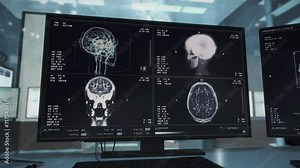 Advanced Brain Scanner In Medical Laboratory Inspects Organ For Disease. Screening Scan Of Brain. Medical Analysis. Scanning Patient Brain. Medical Examination. Healthcare. Diagnosis. Imaging