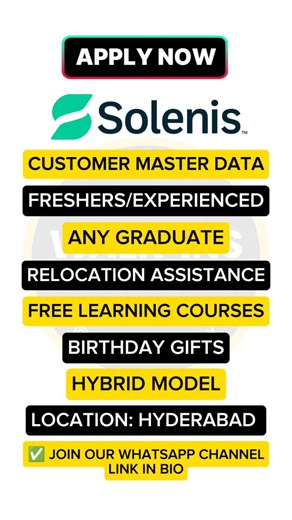 Walk-ins Everyday | Alli Charan on Instagram: "WALK-INS EVERYDAY !!! 🔗 LINK available in WhatsApp Channel 🔗 Channel join link in BIO 📢 FOLLOW us @walkins_everyday for daily job opportunities SOLENIS Is Hiring Customer Master Data | HYDERABAD Associate-Customer Master Data Location: Hyderabad India – Hybrid Full-Time | Permanent Position Birthday or wedding anniversary gift of INR 1500 Relocation assistance available Company car, phone if required for role Hybrid work arrangement eg. 3 days in