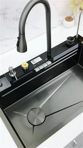 Double Waterfall Sink Stainless Steel Kitchen Sink Embossed Large Single Slot Ambient light digital display Wash Basin Buy here: https://s.click.aliexpress.com/e/_DcwpFIt | Ecolife DIY