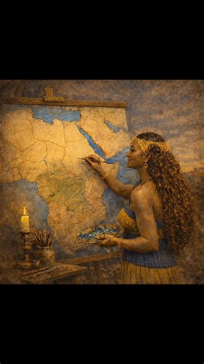 She stands in quiet authority before an ancient map, not merely painting geography, but tracing memory itself. Her brush moves with intention, as though guided by a knowledge older than ink and parchment. This is not a cartographer at work, but a keeper of beginnings. The canvas she faces is Africa—weathered, cracked, luminous—presented not as a territory to be claimed, but as a living source. From its heart and along its waters, her hand restores what time tried to erase: the origin of humanity