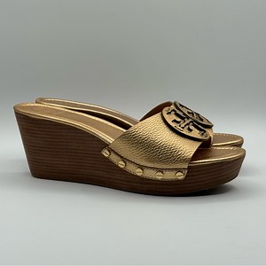 Tory Burch Gold Patti Wedge Slip On Sandals Size 10