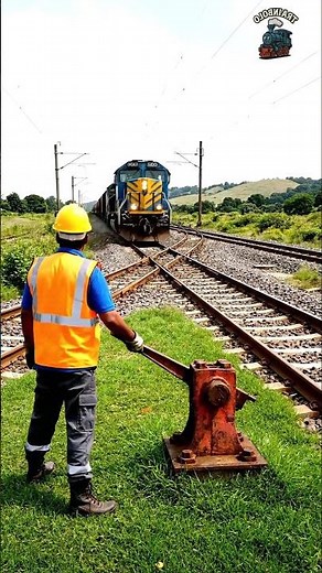 Capturing the Moment: Railway Worker Operating a Train Switch Lever!