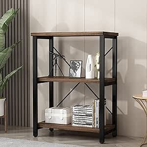 3 Tier Industrial Solid Wood Bookcases, Open Etagere Bookshelf with Metal Frame, Rustic Wood and Metal Shelving Storage Organizer for Living Room Book Shelves Furniture (AY01-3tier)