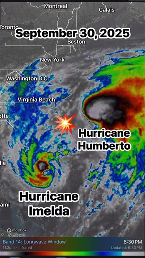 Crazy! 🌀Hurricane #Imelda and Hurricane #Humberto spinning in the western Atlantic this evening. They’re practicing their close-quarters combat just a few-hundred miles away from the East Coast. That is why very rough seas have taken out beach houses in Buxton NC today. #hurricane #weather | Texas Storm Chasers