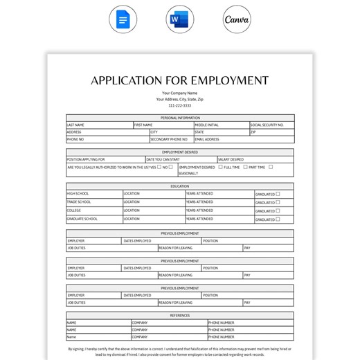 Employment Application Form. Job Application Template. Employee Application, Employment Contract. PDF, Docs Job Application Template Word - Etsy UK