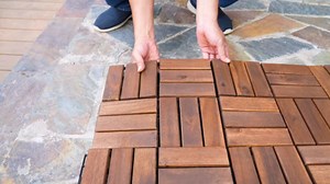 ZSQ 12" x 12" Light Gray Square Acacia Wood Interlocking Flooring Tiles Checker Pattern Pack of 10 Tiles (12" x 12", Checker Pattern)