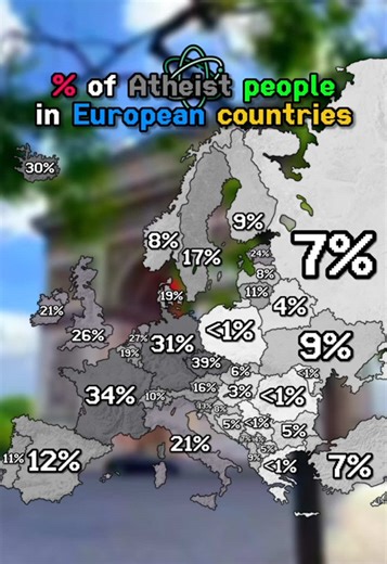 W White 🙏✝️ | % of Atheist people in European countries 🛐🚫🌍 - ib: can’t mention it 🤷‍♂️ • #fyp #fypシ゚ #viral #world #europe #religions #religion #atheism #atheist #people #percentages #percentage #maps #map #geography #aquitainemaps #tiktok