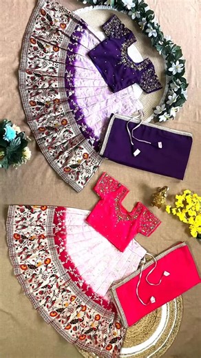 Siri Nani on Instagram: "1599 free shipping *Madhuri Half Saree🩷💜* *◾Blouse* *▪️ Fabric : Vichitra Silk* *▪️ Work : Heavy Maggam Work* *▪️ Blouse Closer : Zip* *◾️ Lahenga* *▪️ Fabric : Viscose Silk* *▪️ Work : Hand Dying* *▪️ Weight : 600Gram* *▪️ Lining/Inner : Micro-Cotton* *◾️ Dupatta* *▪️ Fabric : Vichitra Silk* *▪️ Work : Thumar Lace* *◾️"