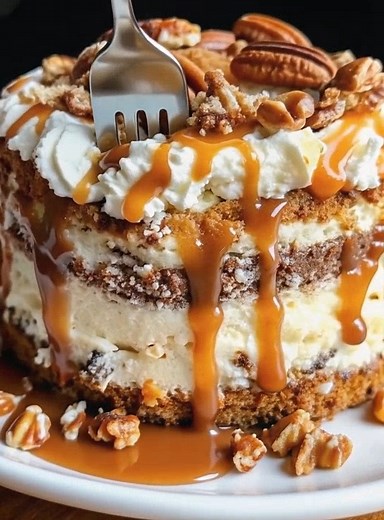 Caramel Butter Pecan Praline Poke Cake A rich and dreamy dessert soaked in caramel, bursting with buttery pecans, and topped with clouds of whipped cream — pure indulgence! 🍰🍯🥜 Ingredients: For the Cake: 1 box butter pecan cake mix (plus eggs, oil, and water per box instructions) 1 cup chopped pecans ½ cup sweetened condensed milk ½ cup caramel sauce (plus more for drizzling) For the Cream Filling: 1 (8 oz) block cream cheese, softened 1 (8 oz) tub whipped topping (or 1 cup homemade whipped c