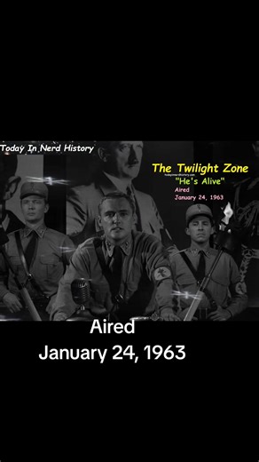 The Twilight Zone episode "He's Alive" aired January 24, 1963. Full Post https://www.facebook.com/photo/?fbid=1217415573722990&set=a.918935796904304 . #TodayInNerdHistory #January24 #TheTwilightZone #HesAlive #Nazi #RodSerling #DennisHopper #LudwigDonath #PaulMazursky #StuartRosenberg #TV #History #Aired #AirDate #News #OTD #FYP #Nerd . | Today In Nerd History
