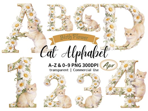 April Birth Flower Daisy & Kitten Decorative Alphabet + Numbers, Victorian Floral Watercolor Initial Clipart, 38 PNG 300 DPI, Commercial Use - Etsy